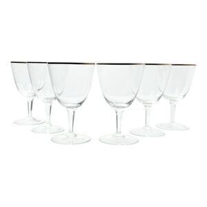 1960s Mid-century Vintage Minimalist 6 Gold Rim Crystal Wine Glasses 5 3/4” 10oz